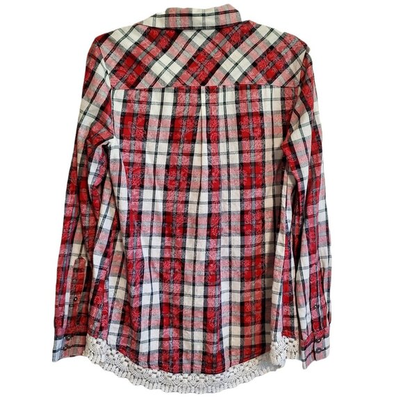 Shyanne Red Flannel Plaid Button Up with Crochet Lace Trim - Picture 2 of 14